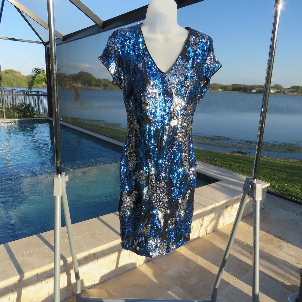 Cache Blue and Silver Cocktail Dress Size M
